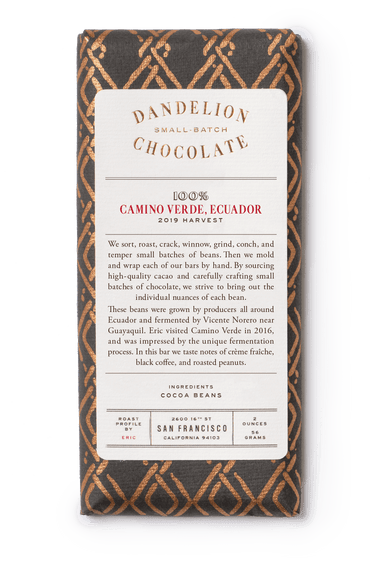 Dandelion Chocolate Chocolate Bar Camino Verde, Ecuador 100% 2019 Harvest Single-Origin Chocolate Bar Batch 3