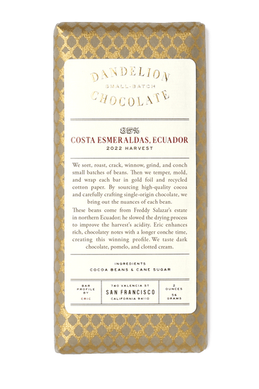 Dandelion Chocolate Chocolate Bar Costa Esmeraldas, Ecuador 85% 2022 Batch 1 Single-Origin Chocolate Bar